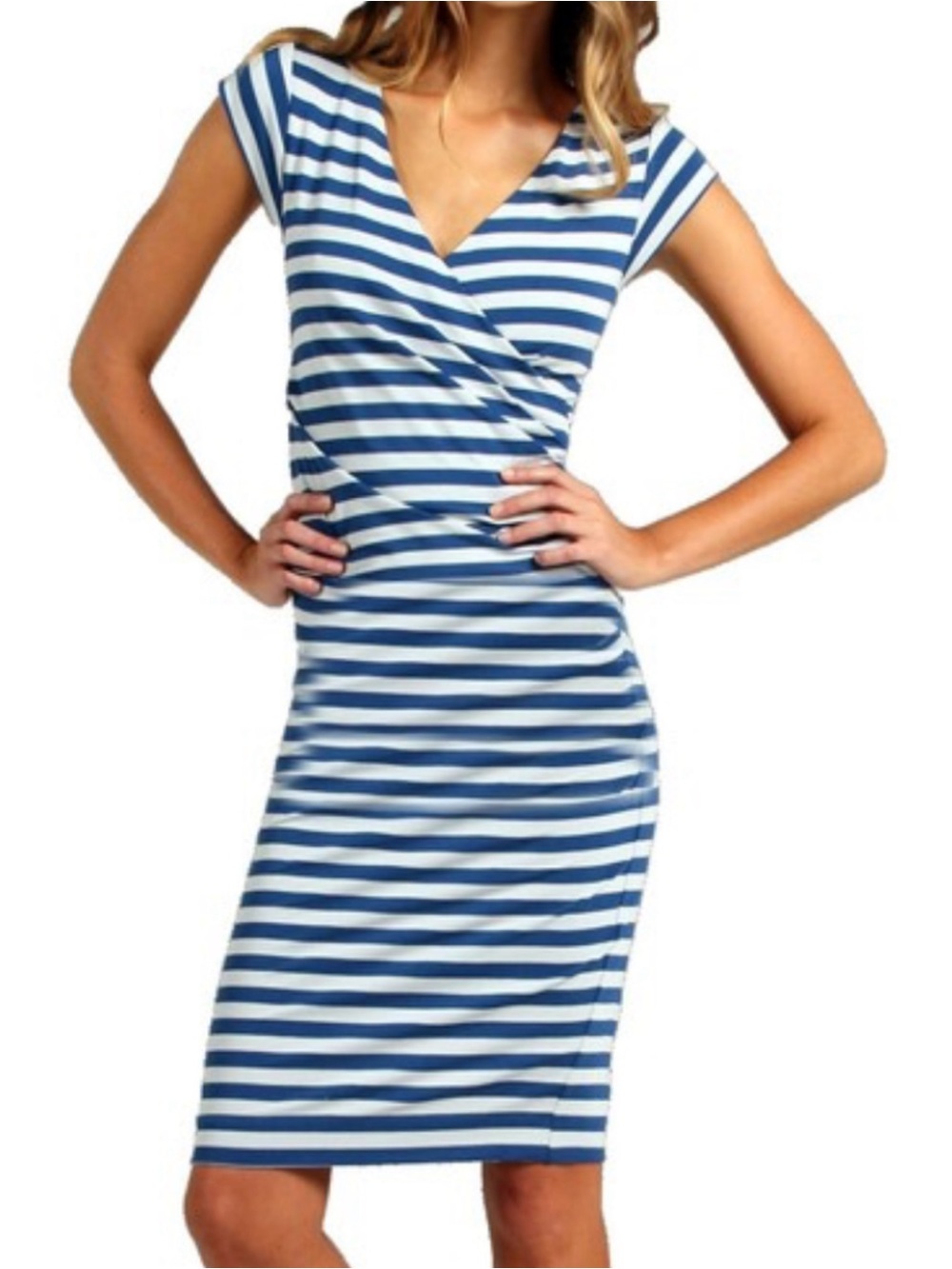 Nicole Miller Artelier Blue & White Striped Faux Wrap Bodycon Dress Small Ruched